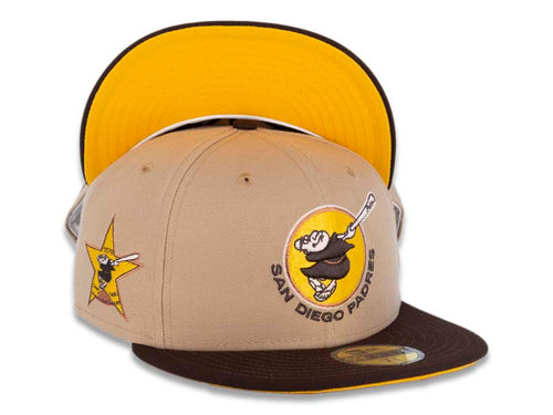 San Diego Padres New Era MLB 59FIFTY 5950 Fitted Cap Hat Camel Crown Dark Brown Visor Dark Brown/Yellow Swinging Friar Logo 1978 All-Star Game Side Patch Yellow UV