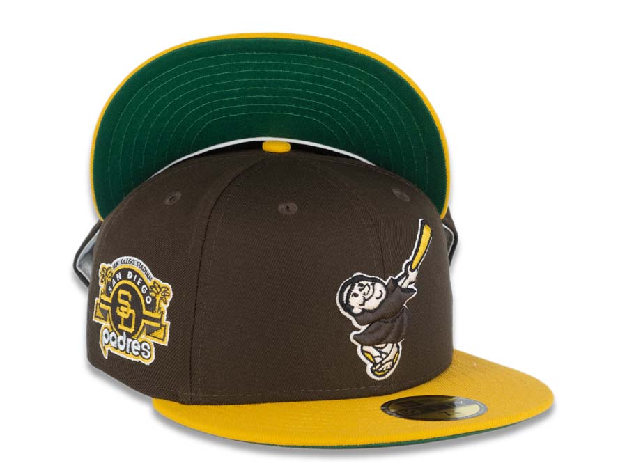 San Diego Padres New Era MLB 59FIFTY 5950 Fitted Cap Hat Brown Crown Yellow Visor Brown/Yellow Swinging Friar Logo Stadium Side Patch Green UV