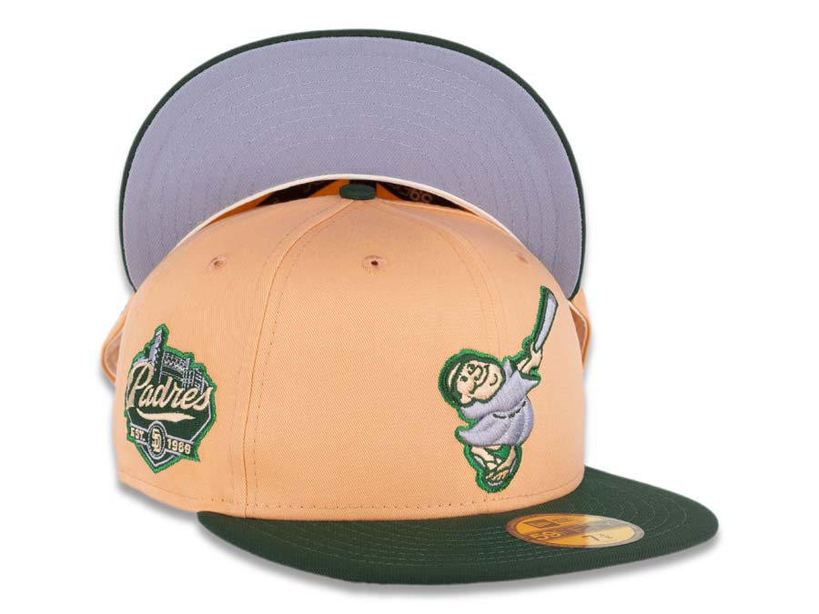 San Diego Padres New Era MLB 59FIFTY 5950 Fitted Cap Hat Peach Crown Dark Green Visor Pale Purple/Khaki Swinging Logo Established 1969 Side Patch