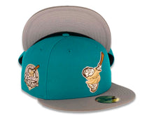 Load image into Gallery viewer, San Diego Padres New Era MLB 59FIFTY 5950 Fitted Cap Hat Teal Crown Gray Visor Wheat/Brown Swinging Friar Logo 40th Anniversary Side Patch Gray UV
