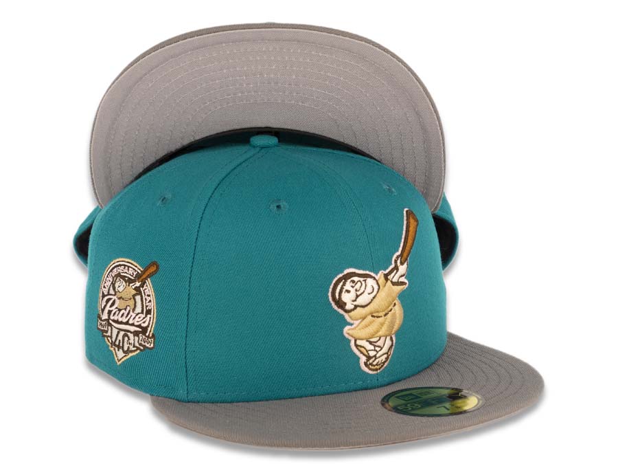 San Diego Padres New Era MLB 59FIFTY 5950 Fitted Cap Hat Teal Crown Gray Visor Wheat/Brown Swinging Friar Logo 40th Anniversary Side Patch Gray UV