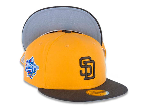 San Diego Padres New Era MLB 59FIFTY 5950 Fitted Cap Hat Yellow Crown Brown Visor Brown Logo 1998 World Series Side Patch Gray UV
