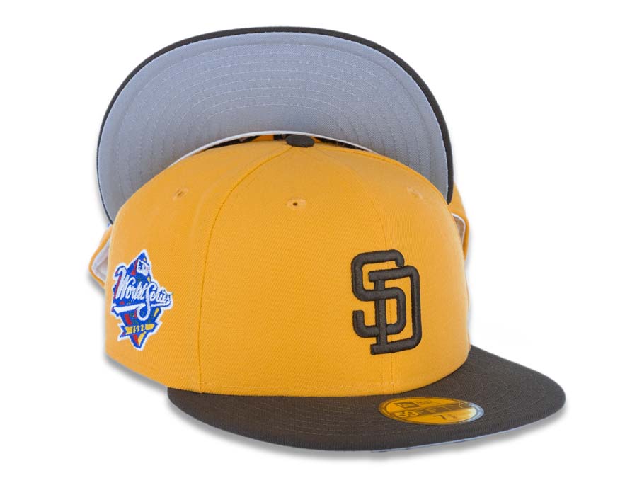 San Diego Padres New Era MLB 59FIFTY 5950 Fitted Cap Hat Yellow Crown Brown Visor Brown Logo 1998 World Series Side Patch Gray UV