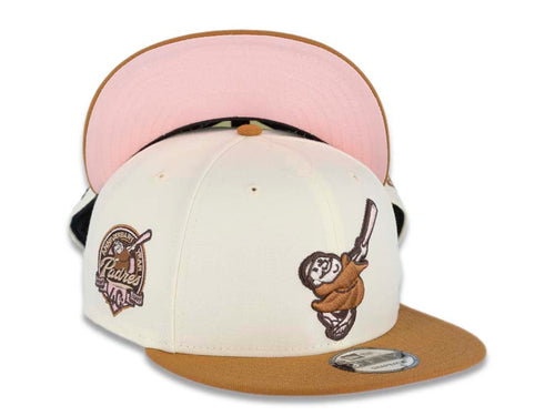 San Diego Padres New Era MLB 9FIFTY 950 Snapback Cap Hat Cream Crown Brown Visor Light Brown/Pink Swinging Friar Logo 40th Anniversary Side Patch