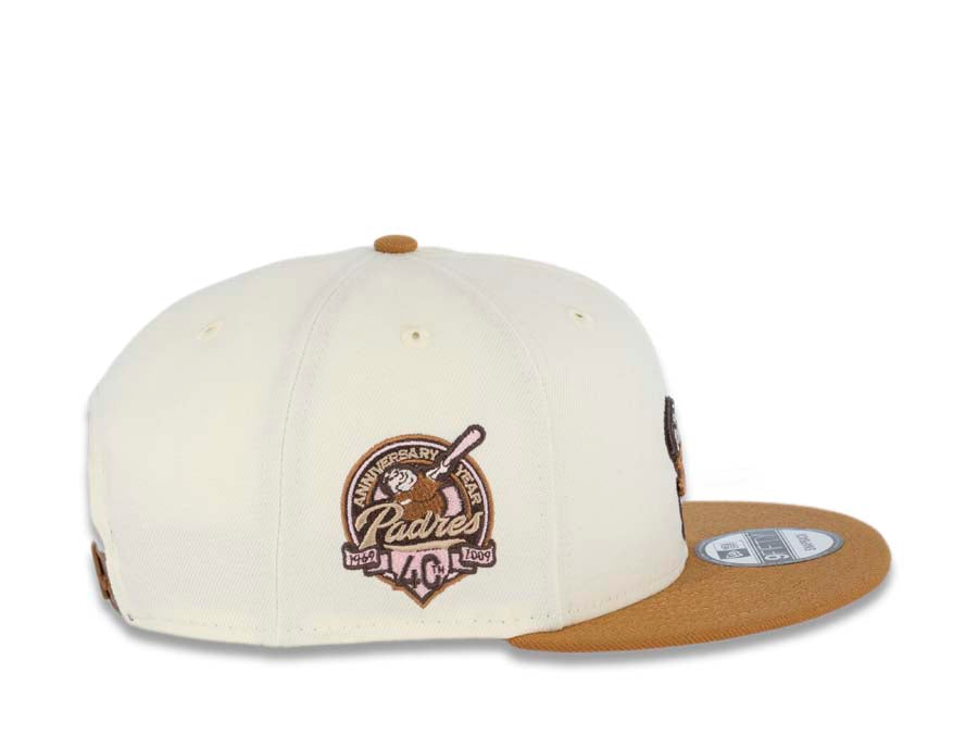 San Diego Padres New Era MLB 9FIFTY 950 Snapback Cap Hat Cream Crown Light Brown Visor Brown/Pink Batting Friar Logo 40th Anniversary Side Patch