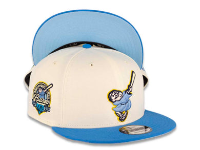 San Diego Padres New Era MLB 9FIFTY 950 Snapback Cap Hat Cream Crown Blue Visor Sky Blue/Light Yellow Swinging Friar Logo 40th Anniversary Side Patch