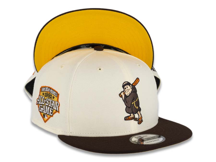 San Diego Padres New Era MLB 9FIFTY 950 Snapback Cap Hat Cream Crown Brown Visor Brown/Orange Batting Friar Logo 1992 All-Star Game Side Patch