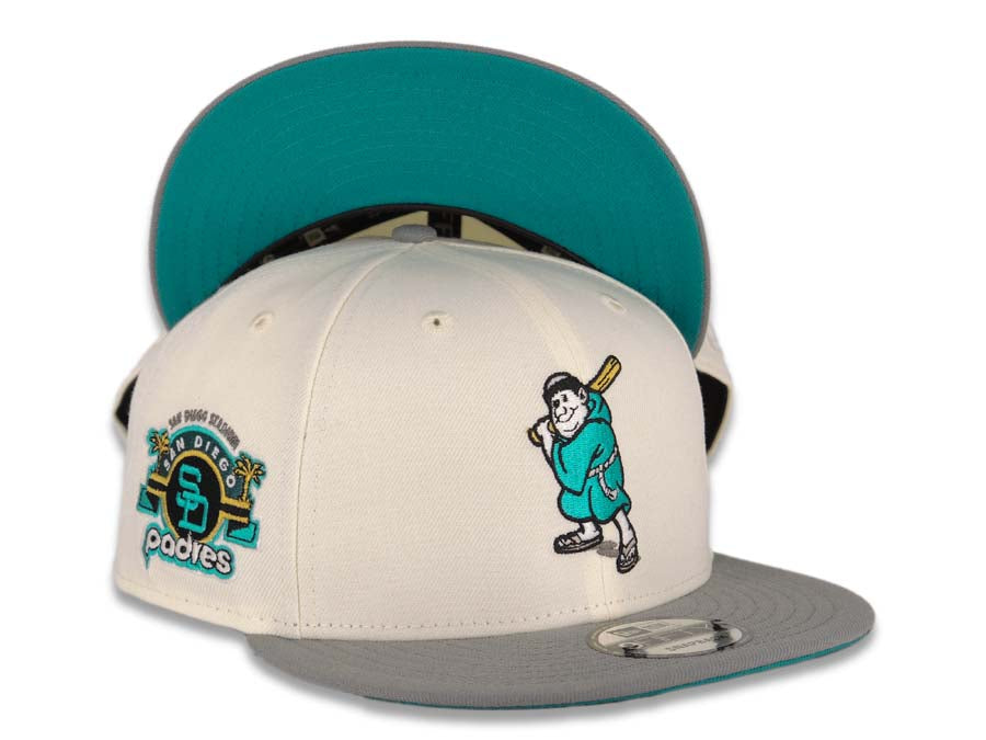 San Diego Padres New Era MLB 9FIFTY 950 Snapback Cap Hat Cream Crown Gray Visor Teal/Gold Batting Friar Logo Stadium Side Patch Aqua UV