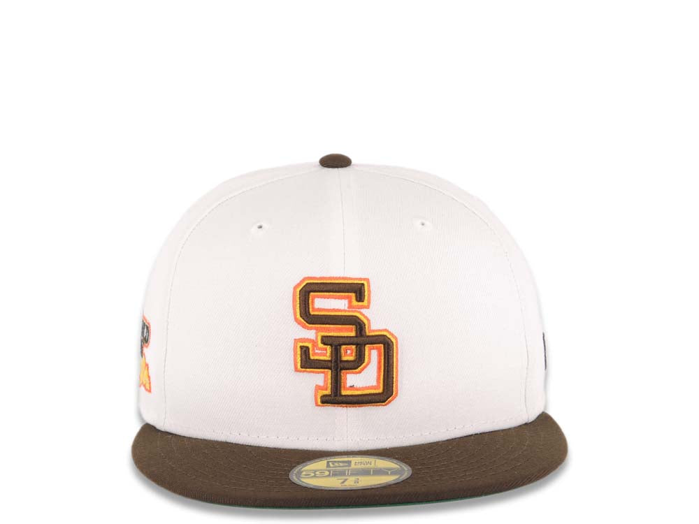 San Diego Padres New Era MLB 59FIFTY 5950 Fitted Cap Hat Brown Crown/Visor  Yellow/Orange Cooperstown Logo 1984 World Series Side Patch Green UV