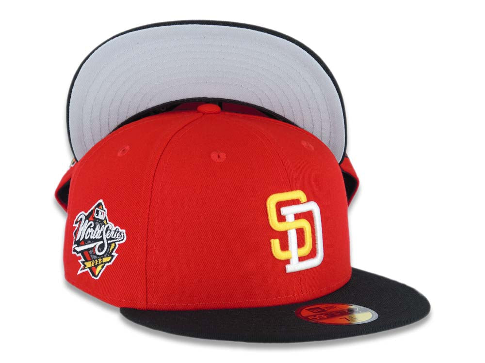 San Diego Padres New Era MLB 59FIFTY 5950 Fitted Cap Hat Red Crown Black Visor Yellow/White Logo 1998 World Series Side Patch Gray UV