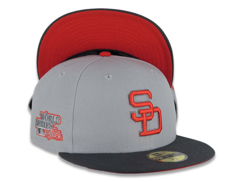 San Diego Padres New Era MLB 59FIFTY 5950 Fitted Cap Hat Gray Crown Dark Gray Visor Red/Dark Gray Logo 1984 World Series Side Patch Red UV