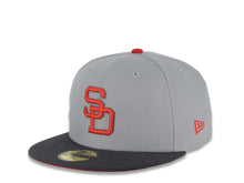 Load image into Gallery viewer, San Diego Padres New Era MLB 59FIFTY 5950 Fitted Cap Hat Gray Crown Dark Gray Visor Red/Dark Gray Logo 1984 World Series Side Patch Red UV
