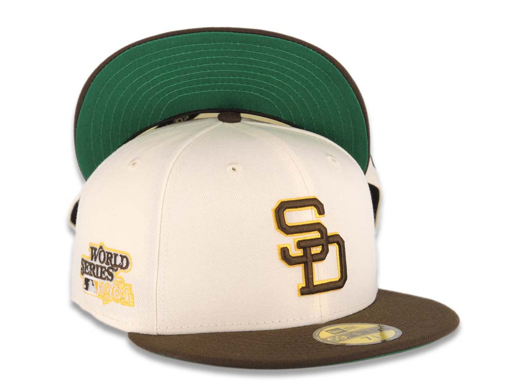 San Diego Padres New Era MLB 59FIFTY 5950 Fitted Cap Hat Cream Crown Brown Visor Brown/Yellow Logo 1984 World Series Side Patch Green UV