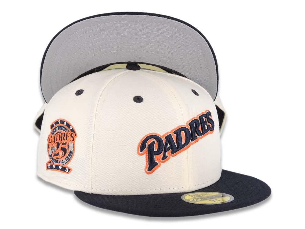 San Diego Padres New Era MLB 59FIFTY 5950 Fitted Cap Hat Cream Crown Navy Blue Visor Navy Blue/Metallic Silver/Orange Logo 25th Anniversary Side Patch