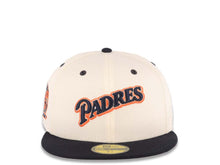 Load image into Gallery viewer, San Diego Padres New Era MLB 59FIFTY 5950 Fitted Cap Hat Cream Crown Navy Blue Visor Navy Blue/Metallic Silver/Orange Logo 25th Anniversary Side Patch
