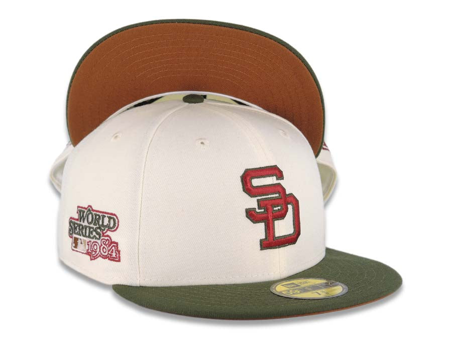 San Diego Padres New Era MLB 59FIFTY 5950 Fitted Cap Hat Cream Crown Olive Green Visor Olive Green/Cardinal Logo 1984 World Series Side Patch Brown UV