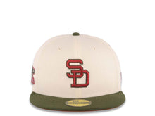 Load image into Gallery viewer, San Diego Padres New Era MLB 59FIFTY 5950 Fitted Cap Hat Cream Crown Olive Green Visor Olive Green/Cardinal Logo 1984 World Series Side Patch Brown UV
