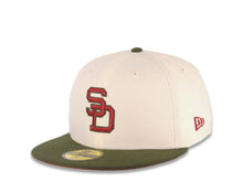 Load image into Gallery viewer, San Diego Padres New Era MLB 59FIFTY 5950 Fitted Cap Hat Cream Crown Olive Green Visor Olive Green/Cardinal Logo 1984 World Series Side Patch Brown UV
