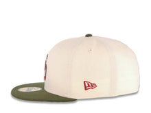 Load image into Gallery viewer, San Diego Padres New Era MLB 59FIFTY 5950 Fitted Cap Hat Cream Crown Olive Green Visor Olive Green/Cardinal Logo 1984 World Series Side Patch Brown UV
