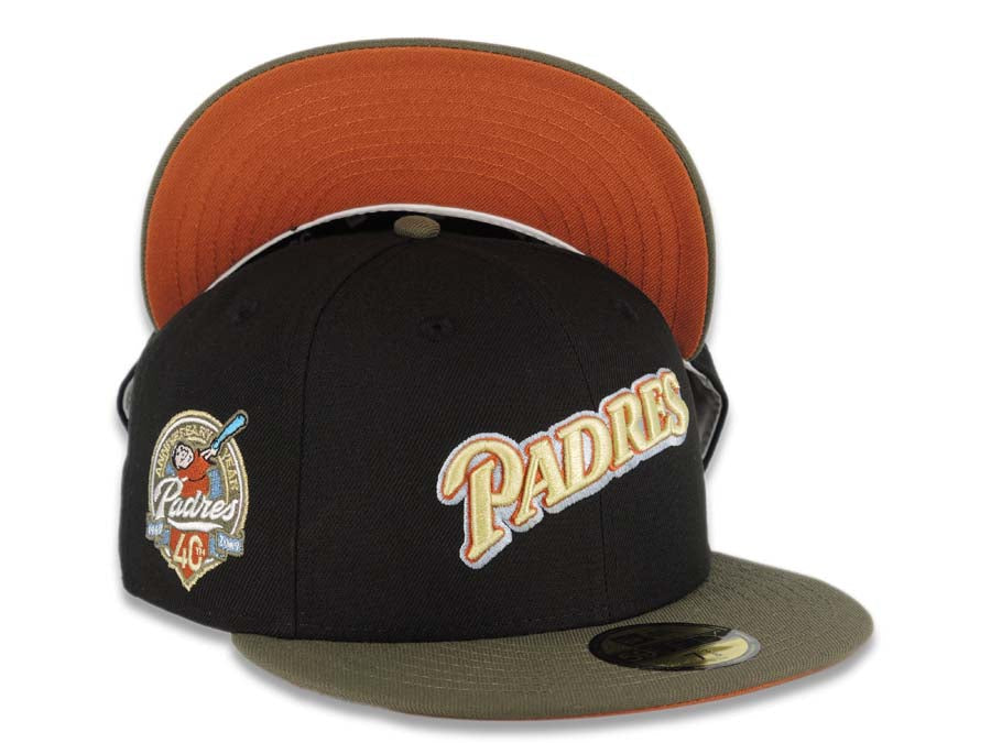 San Diego Padres New Era MLB 59FIFTY 5950 Fitted Cap Hat Black Crown Olive Visor Yellow Green/Dark Orange Script Logo 40th Anniversary Side Patch