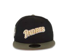 Load image into Gallery viewer, San Diego Padres New Era MLB 59FIFTY 5950 Fitted Cap Hat Black Crown Olive Visor Yellow Green/Dark Orange Script Logo 40th Anniversary Side Patch
