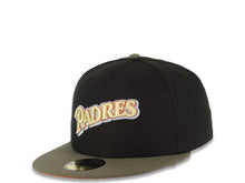 Load image into Gallery viewer, San Diego Padres New Era MLB 59FIFTY 5950 Fitted Cap Hat Black Crown Olive Visor Yellow Green/Dark Orange Script Logo 40th Anniversary Side Patch
