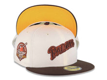 Load image into Gallery viewer, San Diego Padres New Era MLB 59FIFTY 5950 Fitted Cap Hat Cream Crown Brown Visor Brown/Orange Script Logo 40th Anniversary Side Patch Yellow UV
