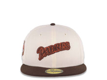 Load image into Gallery viewer, San Diego Padres New Era MLB 59FIFTY 5950 Fitted Cap Hat Cream Crown Brown Visor Brown/Orange Script Logo 40th Anniversary Side Patch Yellow UV
