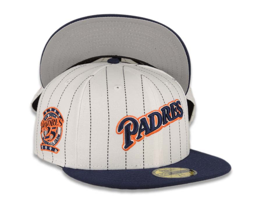 San Diego Padres New Era MLB 59FIFTY 5950 Fitted Cap Hat White/Navy Pinstripe Crown Navy Visor Navy/Orange Logo 25th Anniversary Side Patch Gray UV