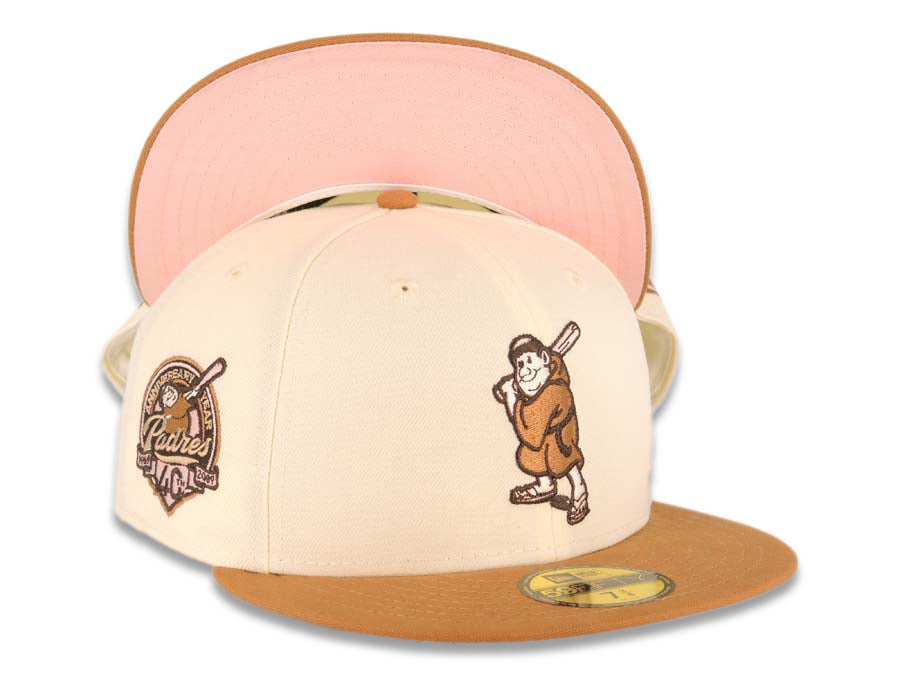 San Diego Padres New Era MLB 59FIFTY 5950 Fitted Cap Hat Cream Crown Light Brown Visor Brown Batting Friar Logo 40th Anniversary Side Patch Pink UV