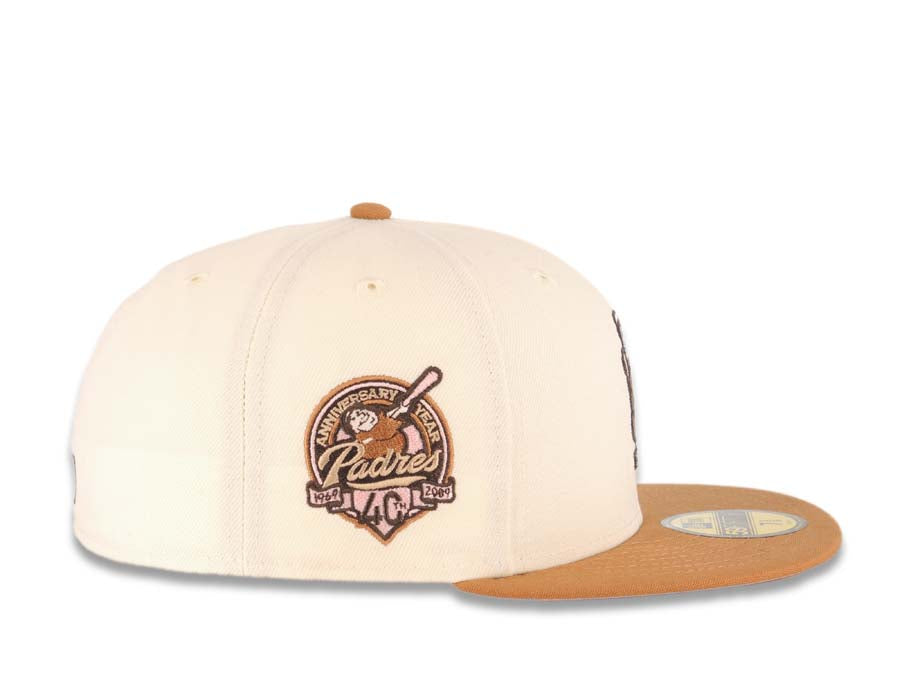 San Diego Padres New Era MLB 59FIFTY 5950 Fitted Cap Hat Cream Crown Light Brown Visor Brown Batting Friar Logo 40th Anniversary Side Patch Pink UV