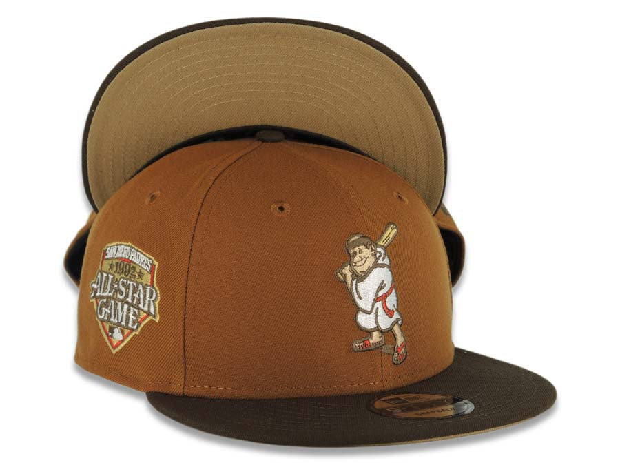 San Diego Padres New Era MLB 9FIFTY 950 Snapback Cap Hat Tan Crown Brown Visor Cream/Brown Batting Friar Logo 1992 All-Star Game Side Patch Khaki UV