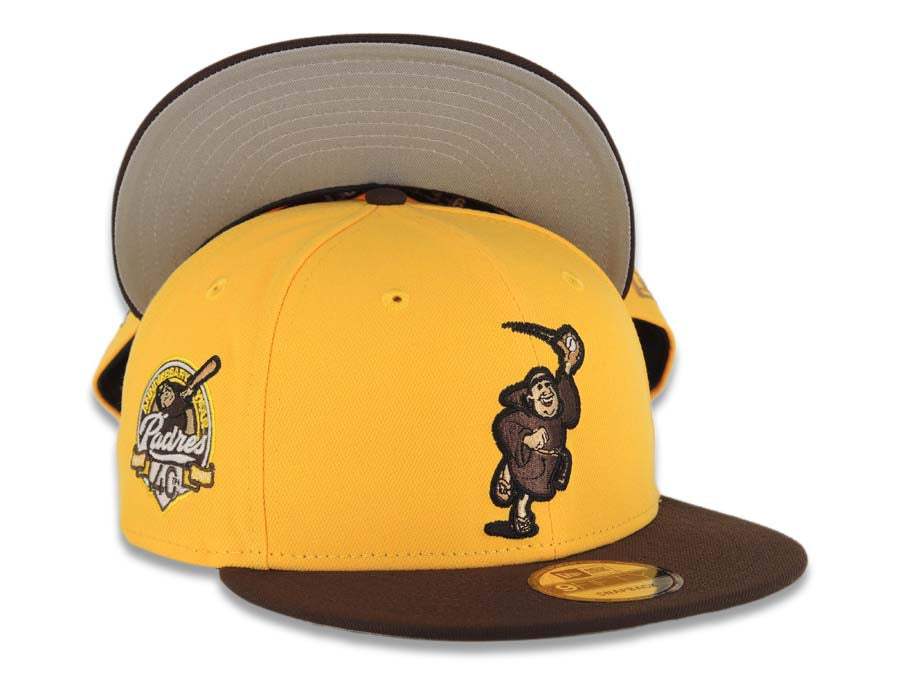 San Diego Padres New Era MLB 9FIFTY 950 Snapback Cap Hat Yellow Crown Dark Brown Visor Brown Catching Friar Logo 40th Anniversary Side Patch Gray UV