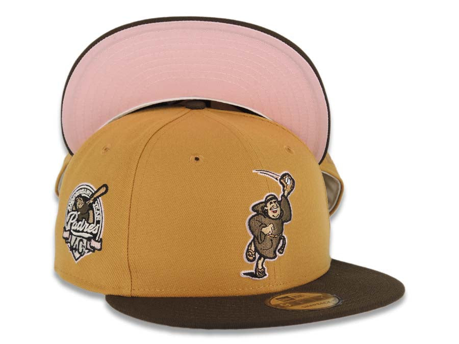 San Diego Padres New Era MLB 9FIFTY 950 Snapback Cap Hat Tan Crown Brown Visor Brown Catching Friar Logo 40th Anniversary Side Patch Pink UV
