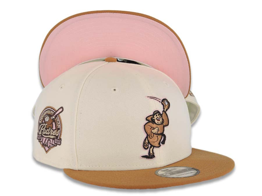 San Diego Padres New Era MLB 9FIFTY 950 Snapback Cap Hat Cream Crown Light Brown Visor Brown/Pink Catching Friar Logo 40th Anniversary Side Patch