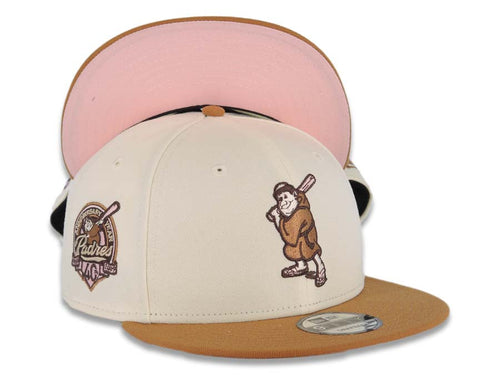 San Diego Padres New Era MLB 9FIFTY 950 Snapback Cap Hat Cream Crown Light Brown Visor Brown/Pink Batting Friar Logo 40th Anniversary Side Patch