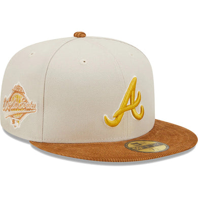 Atlanta Braves New Era MLB 59FIFTY 5950 Fitted Cap Hat Stone Crown Light Brown Corduroy Visor Yellow Logo 1995 World Series Side Patch Dark Green UV