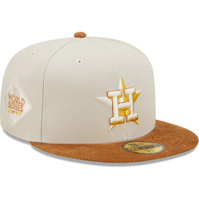 Houston Astros New Era MLB 59FIFTY 5950 Fitted Cap Hat Stone Crown Light Brown Corduroy Visor White/Yellow Logo 2017 World Series Side Patch Dark Green UV
