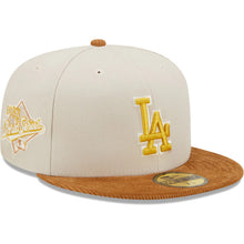 Load image into Gallery viewer, Los Angeles Dodgers New Era MLB 59FIFTY 5950 Fitted Cap Hat Stone Crown Light Brown Corduroy Visor White/Yellow Logo 1988 World Series Side Patch Dark Green UV
