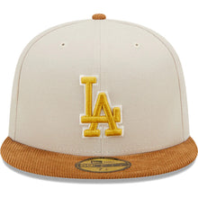 Load image into Gallery viewer, Los Angeles Dodgers New Era MLB 59FIFTY 5950 Fitted Cap Hat Stone Crown Light Brown Corduroy Visor White/Yellow Logo 1988 World Series Side Patch Dark Green UV
