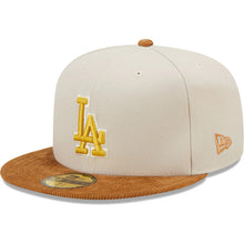 Load image into Gallery viewer, Los Angeles Dodgers New Era MLB 59FIFTY 5950 Fitted Cap Hat Stone Crown Light Brown Corduroy Visor White/Yellow Logo 1988 World Series Side Patch Dark Green UV
