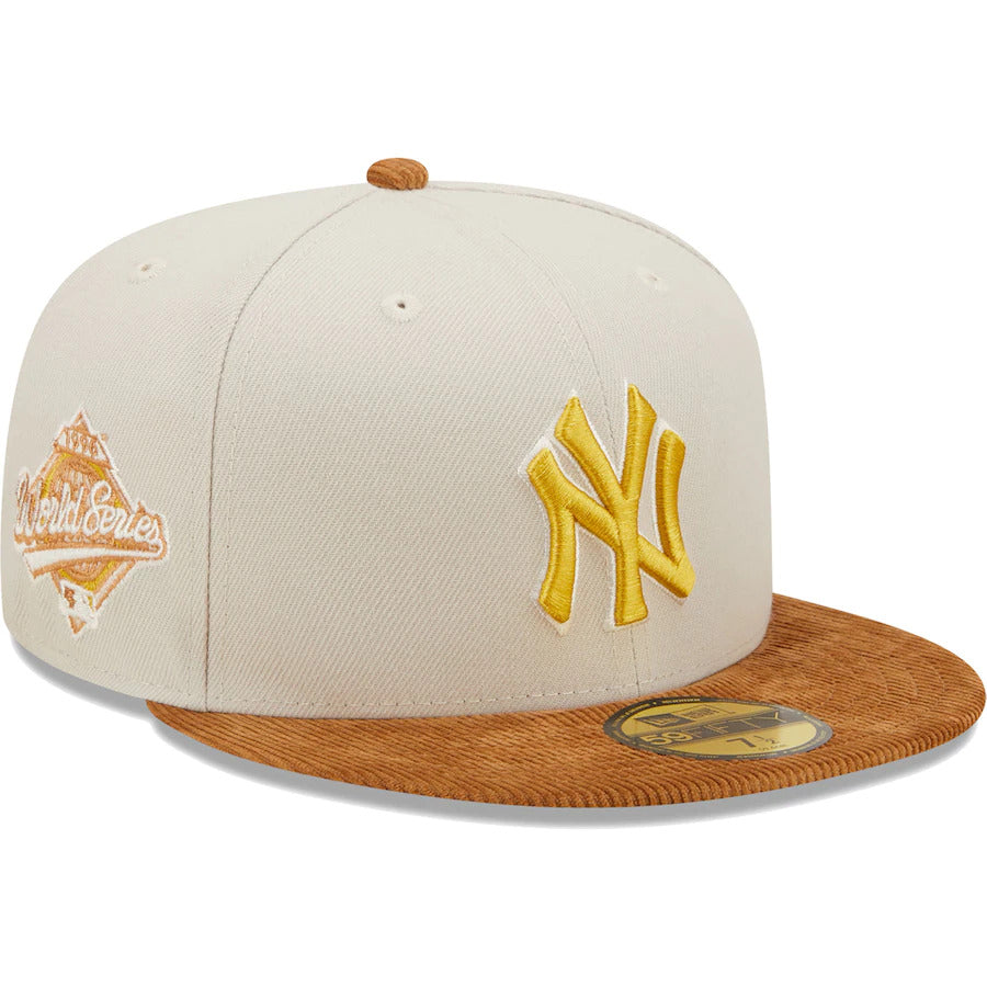 New York Yankees New Era MLB 59FIFTY 5950 Fitted Cap Hat Stone Crown Light Brown Corduroy Visor White/Yellow Logo 1996 World Series Side Patch Dark Green UV