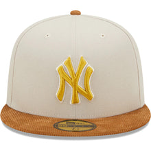 Load image into Gallery viewer, New York Yankees New Era MLB 59FIFTY 5950 Fitted Cap Hat Stone Crown Light Brown Corduroy Visor White/Yellow Logo 1996 World Series Side Patch Dark Green UV
