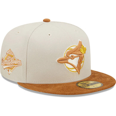 Toronto Blue Jays New Era MLB 59FIFTY 5950 Fitted Cap Hat Stone Crown Light Brown Corduroy Visor Light Brown/Yellow Logo 1993 World Series Side Patch Dark Green UV