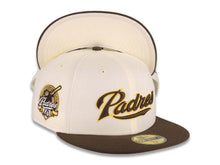 Load image into Gallery viewer, San Diego Padres New Era MLB 59FIFTY 5950 Fitted Cap Hat Cream Crown Brown Visor Brown/Yellow Logo 40th Anniversary Side Patch Cream UV
