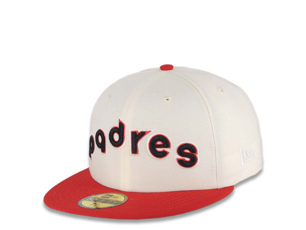 San Diego Padres New Era MLB 59FIFTY 5950 Fitted Cap Hat Cream Crown Red Visor Black Script Logo 40th Anniversary Side Patch 7 1/4