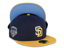 Load image into Gallery viewer, San Diego Padres New Era MLB 59FIFTY 5950 Fitted Cap Hat Light Royal Blue Crown Yellow Visor White/Yellow Logo 1992 All-Star Game Side Patch Sky
