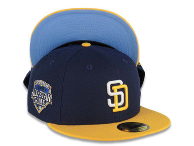 San Diego Padres New Era MLB 59FIFTY 5950 Fitted Cap Hat Light Royal Blue Crown Yellow Visor White/Yellow Logo 1992 All-Star Game Side Patch Sky