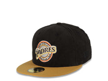 Load image into Gallery viewer, (Corduroy Crown) San Diego Padres New Era MLB 59FIFTY 5950 Fitted Cap Hat Black Crown Tan Visor Brown/Yellow Logo 1992 All-Star Game Side Patch
