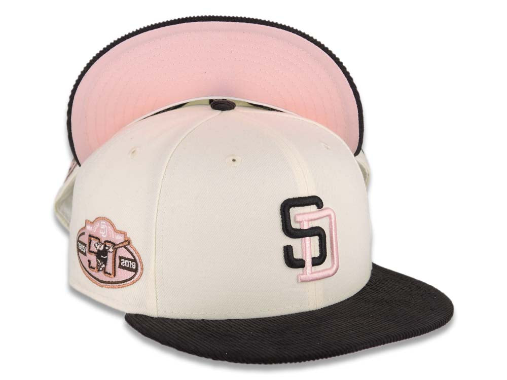 (Corduroy Visor) San Diego Padres New Era MLB 59FIFTY 5950 Fitted Cap Hat Cream Crown Black Visor Black/Pink Logo 50th Anniversary Side Patch Pink UV